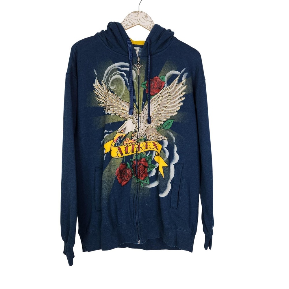 AVIREX Hoodie Mens Large Blue Eagle Rose‎ Tattoo Graphic Fleece Full Zip